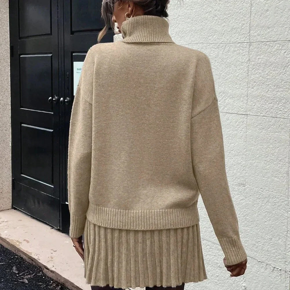 Apricot Casual Women's High Neck Batwing Sweater And Skirt Set - Picture 2 of 7